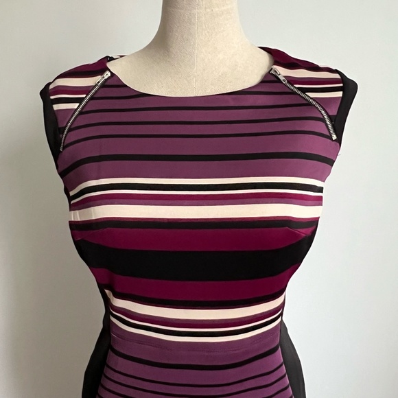 Enfocus Studio -  Burgundy,  Black & Cream Stripped Bodycon Midi Dress - Picture 2 of 13